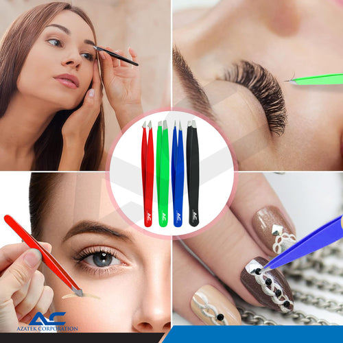 Azatek 4PCS Precision Eyebrow Tweezers Kit Multi-Color with Travel Case – Professional Stainless Steel Beauty Set Grooming Tools - Azatek Instruments