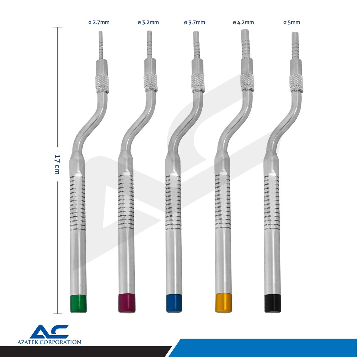 Dental sinus elevation osteotomes in 2.7mm, 3.2mm, 3.7mm, 4.2mm and 5mm sizes
