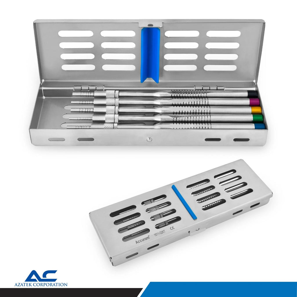 Straight sinus lift osteotome set supplied in a protective storage case