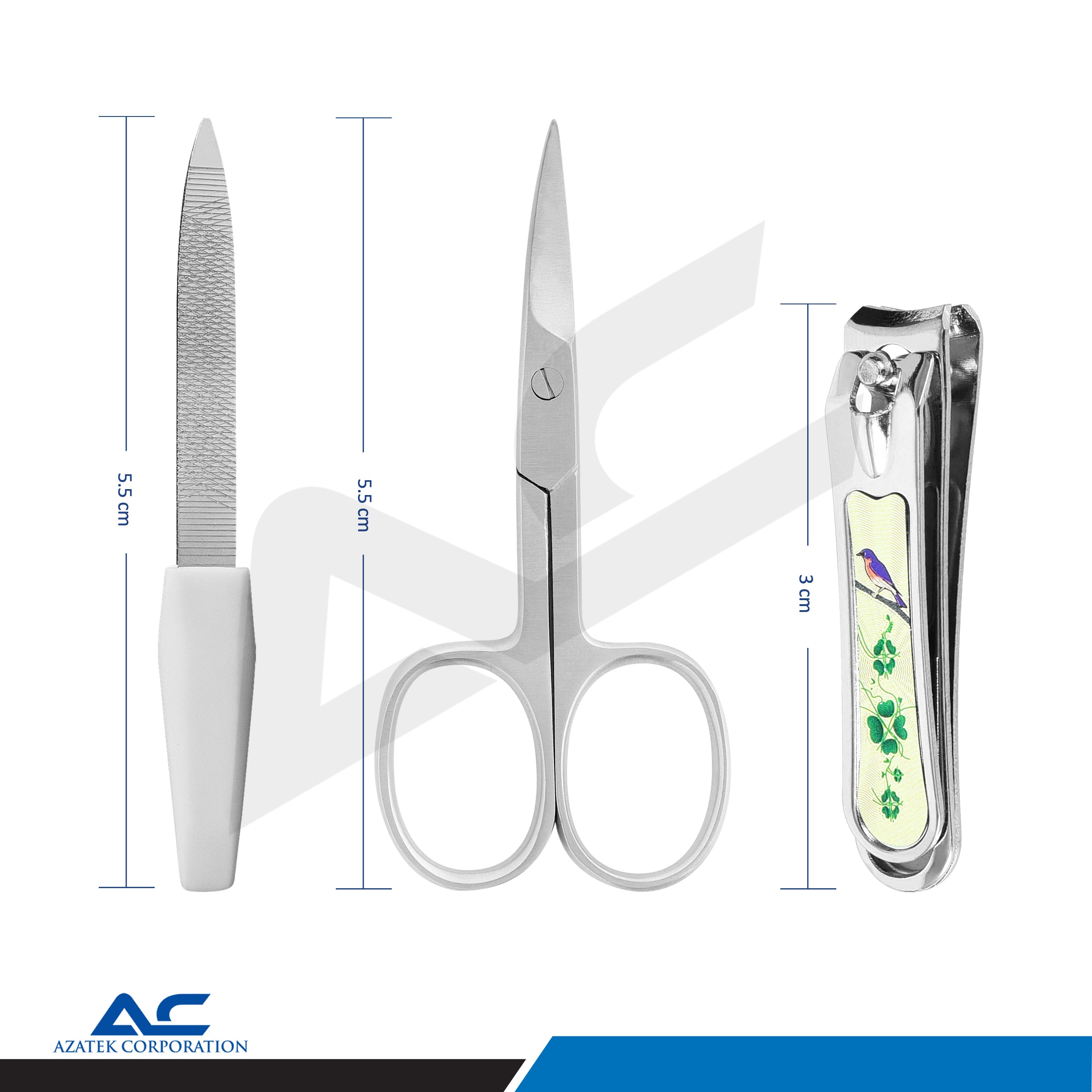 A 3-piece nail care set including a nail file, nail scissors, and nail clippers, displayed with dimension lines and measurements on a white background with an AZATEK INSTRUMENTS CORPORATION logo at the bottom.
