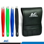 Four precision tweezers in red, green, blue, and black are displayed next to a black faux-leather carrying case with the Azatek Instruments logo. The Azatek Instruments logo is also visible in the bottom-left corner.
