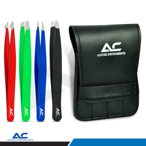 Four precision tweezers in red, green, blue, and black are displayed next to a black faux-leather carrying case with the Azatek Instruments logo. The Azatek Instruments logo is also visible in the bottom-left corner.