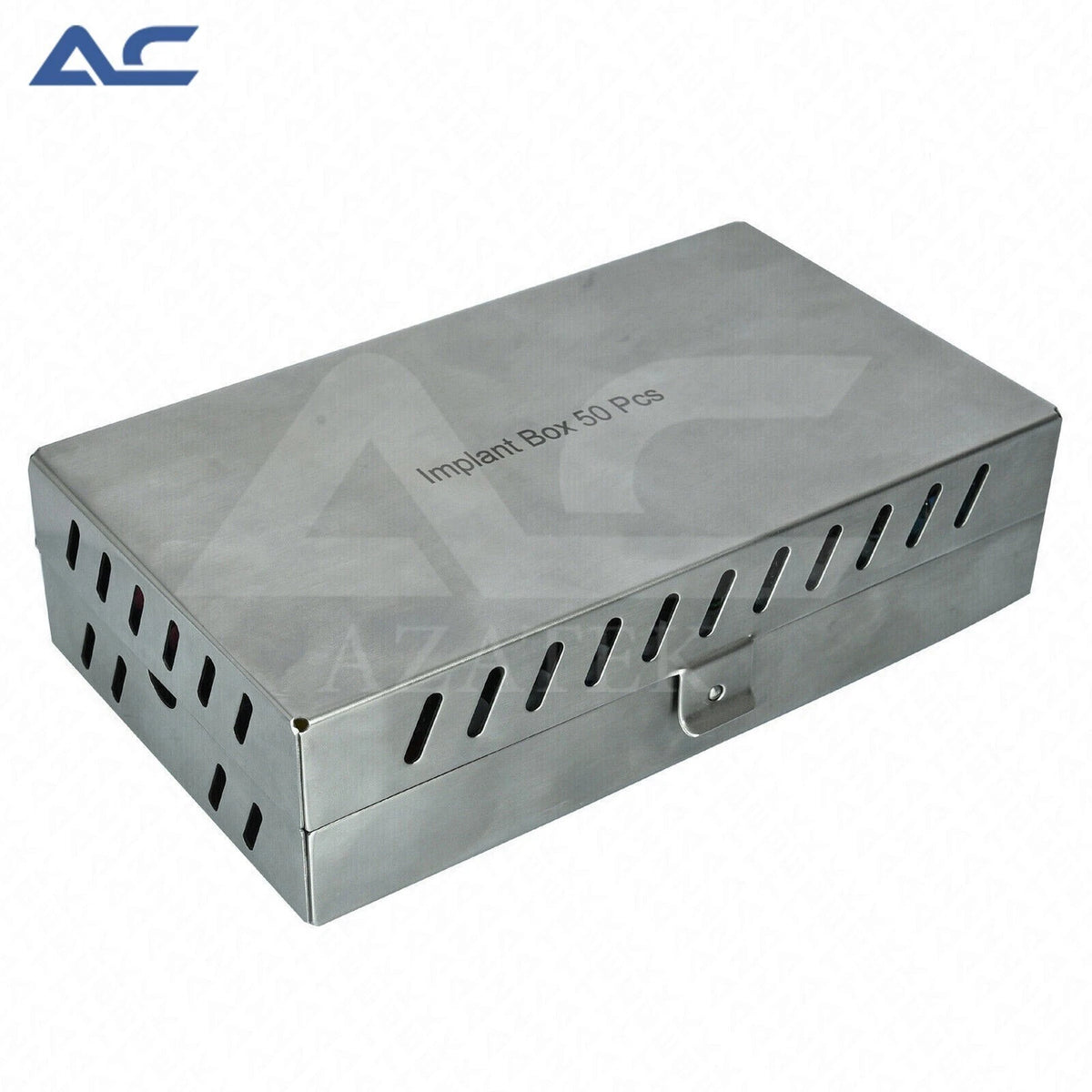 50-piece dental implant kit arranged inside a stainless steel implant storage box