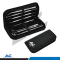 A 7-piece dental hand instrument set in a black zippered carrying case, shown open with the instruments arranged inside, alongside a closed black case with a white Azatek logo. The instruments are silver metal.