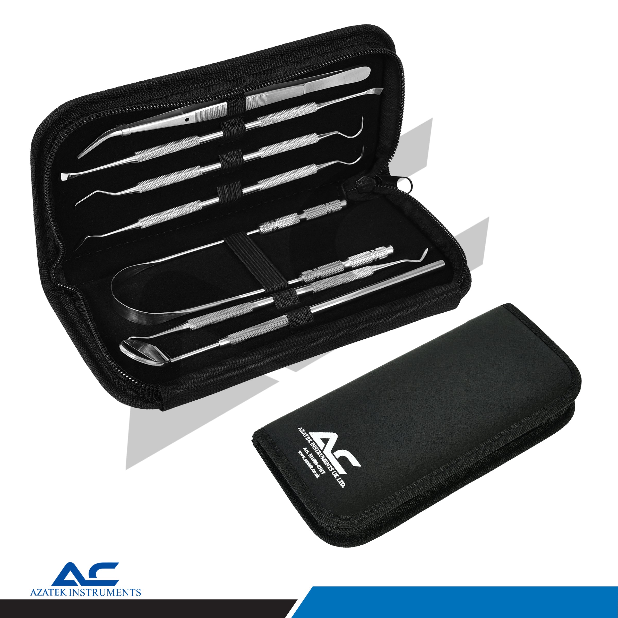 A 7-piece dental hand instrument set in a black zippered carrying case, shown open with the instruments arranged inside, alongside a closed black case with a white Azatek logo. The instruments are silver metal.