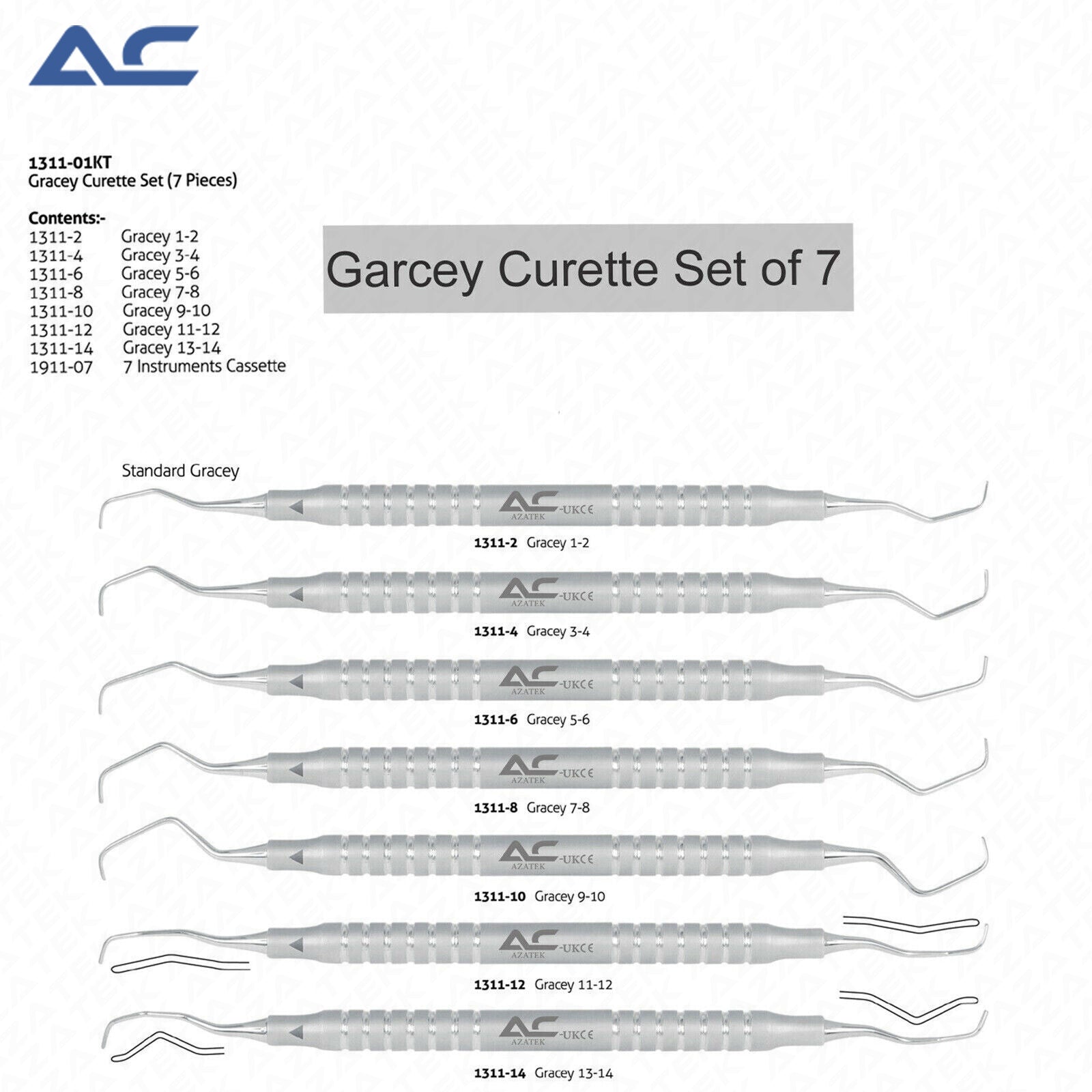 A product information sheet showing the AC Gracey Curette Set of 7 instruments. The sheet includes the Azatek logo, item number 1511-01KT, a contents list, and a gray title banner reading 'Garcey Curette Set of 7'.