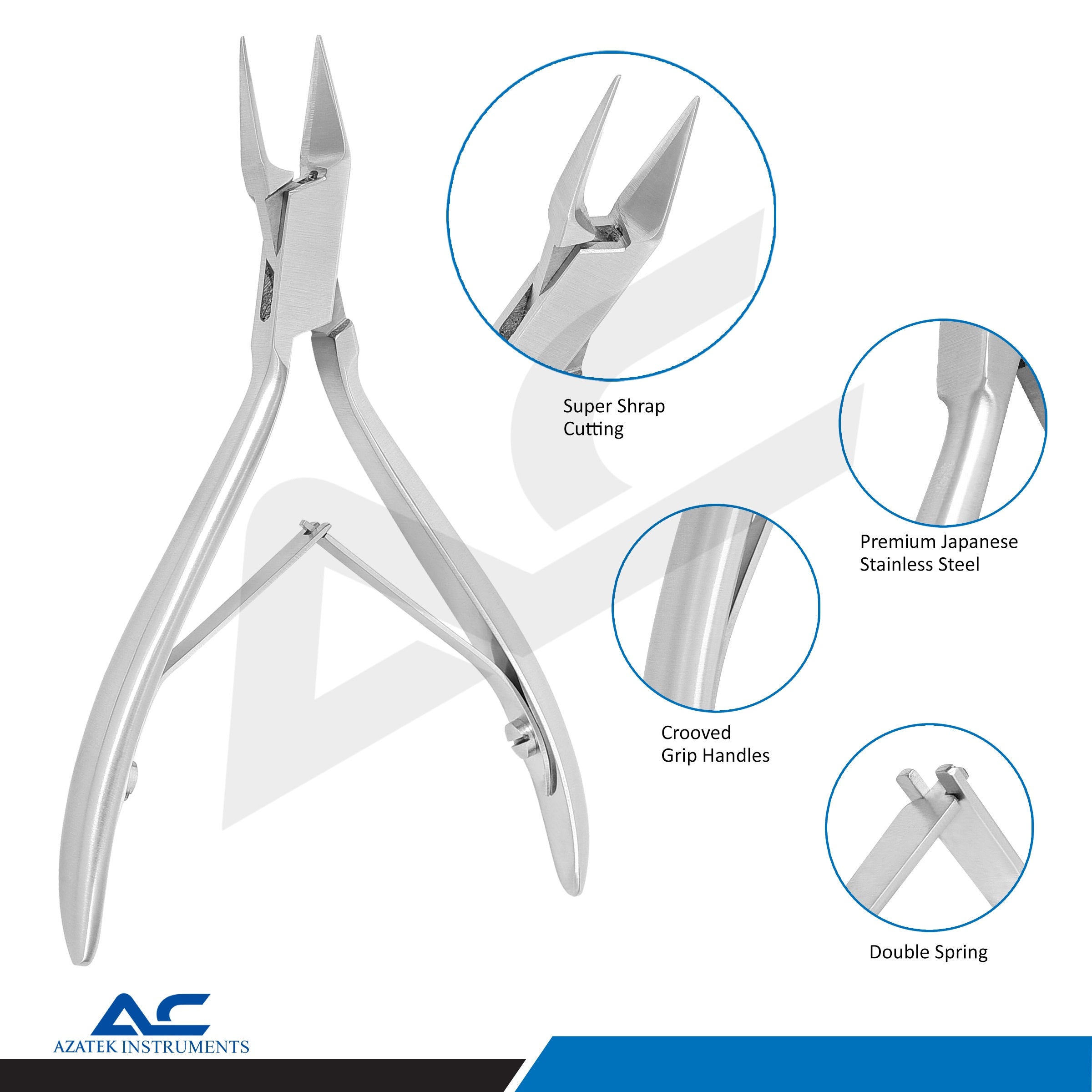 Front view of Azatek stainless steel toe nail corner pliers for trimming thick and ingrown toenails.