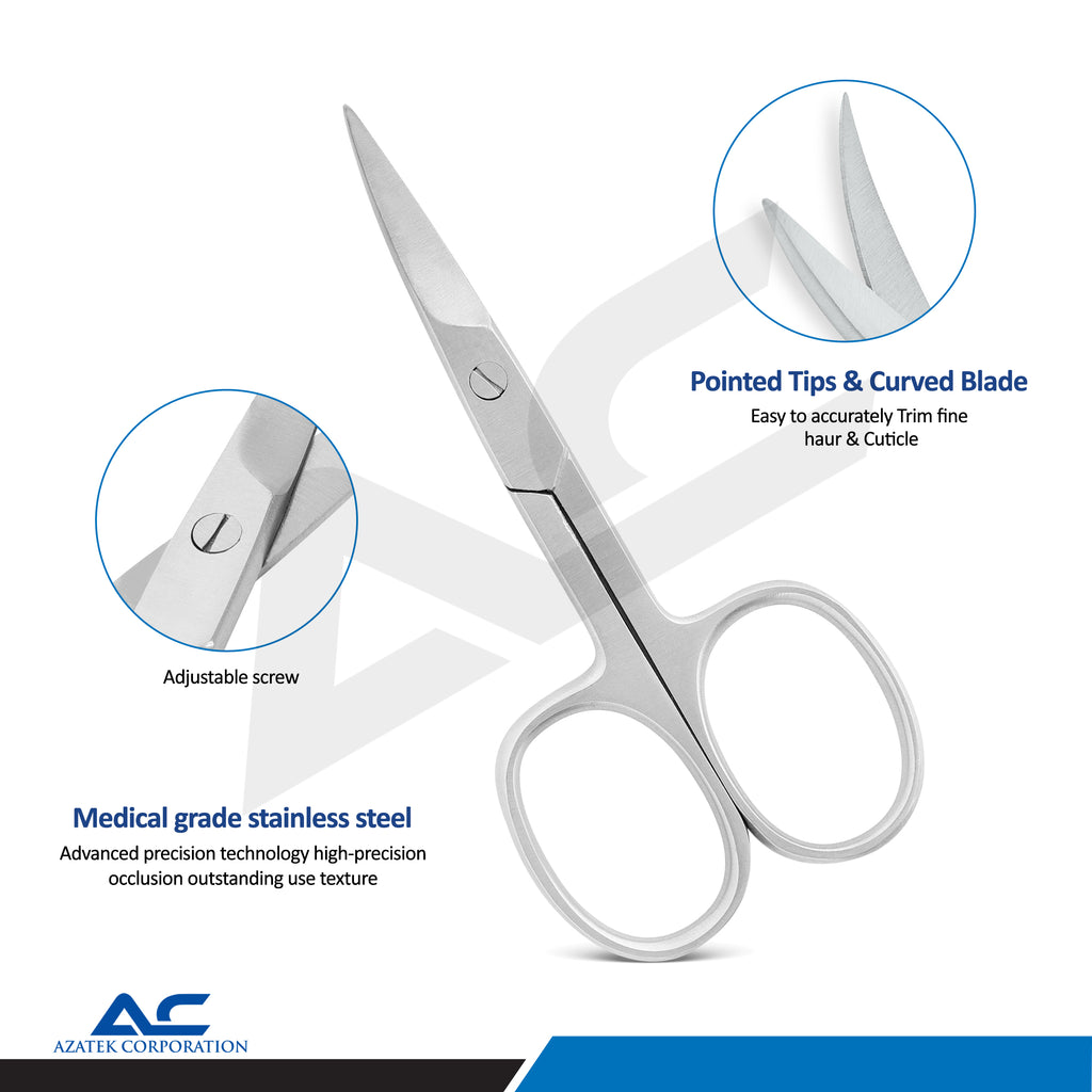 Medical-grade stainless steel nail scissors with pointed tips and curved blades, shown on a white background with circular detail callouts and text describing features. Azatek Corporation logo is visible at the bottom.