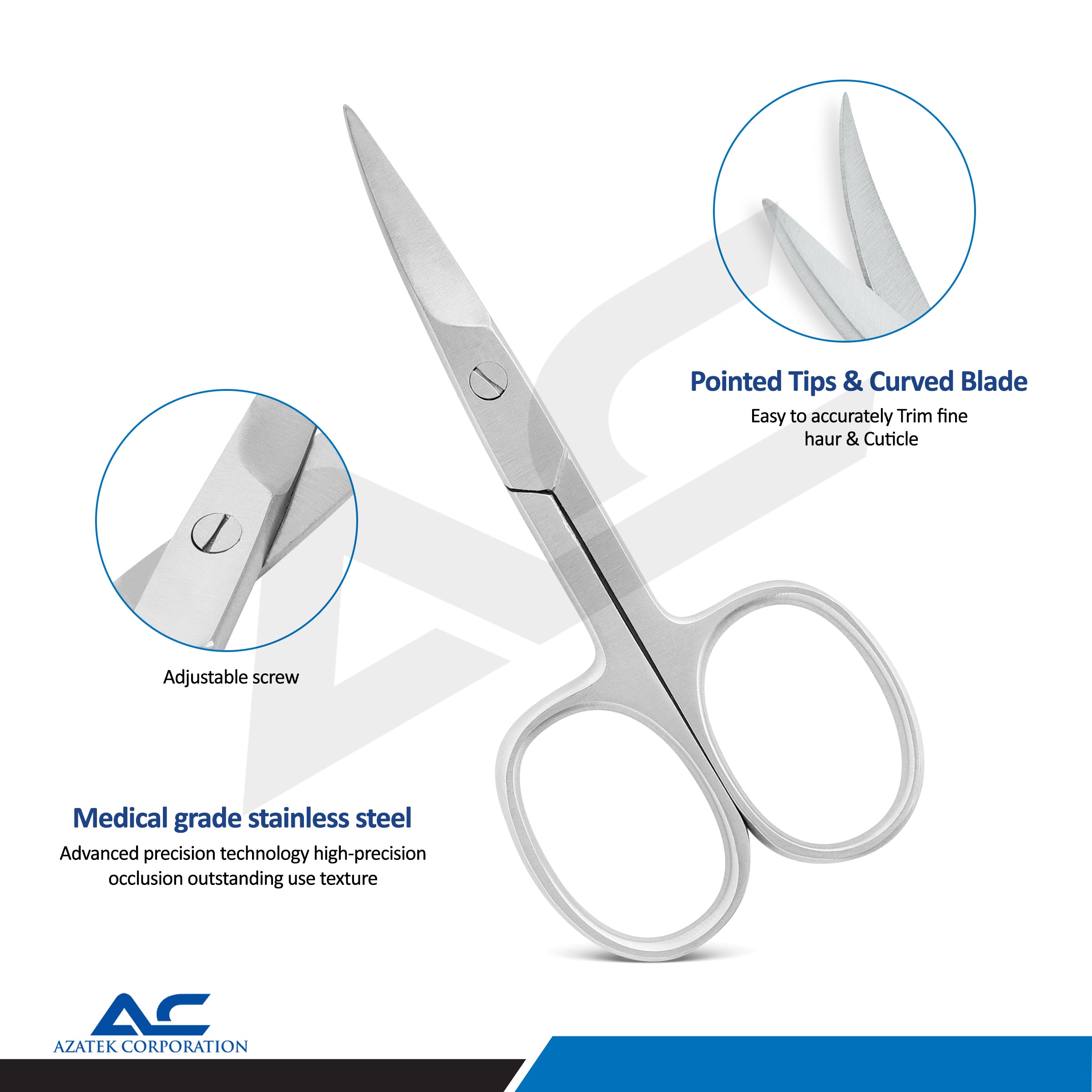 Medical-grade stainless steel nail scissors with pointed tips and curved blades, shown on a white background with circular detail callouts and text describing features. Azatek Corporation logo is visible at the bottom.