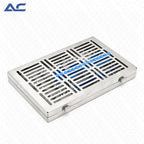 A stainless steel dental handpiece holder or storage tray with multiple drill bits organized in slots, shown on a light gray background with an Azatek logo in the top-left corner.
