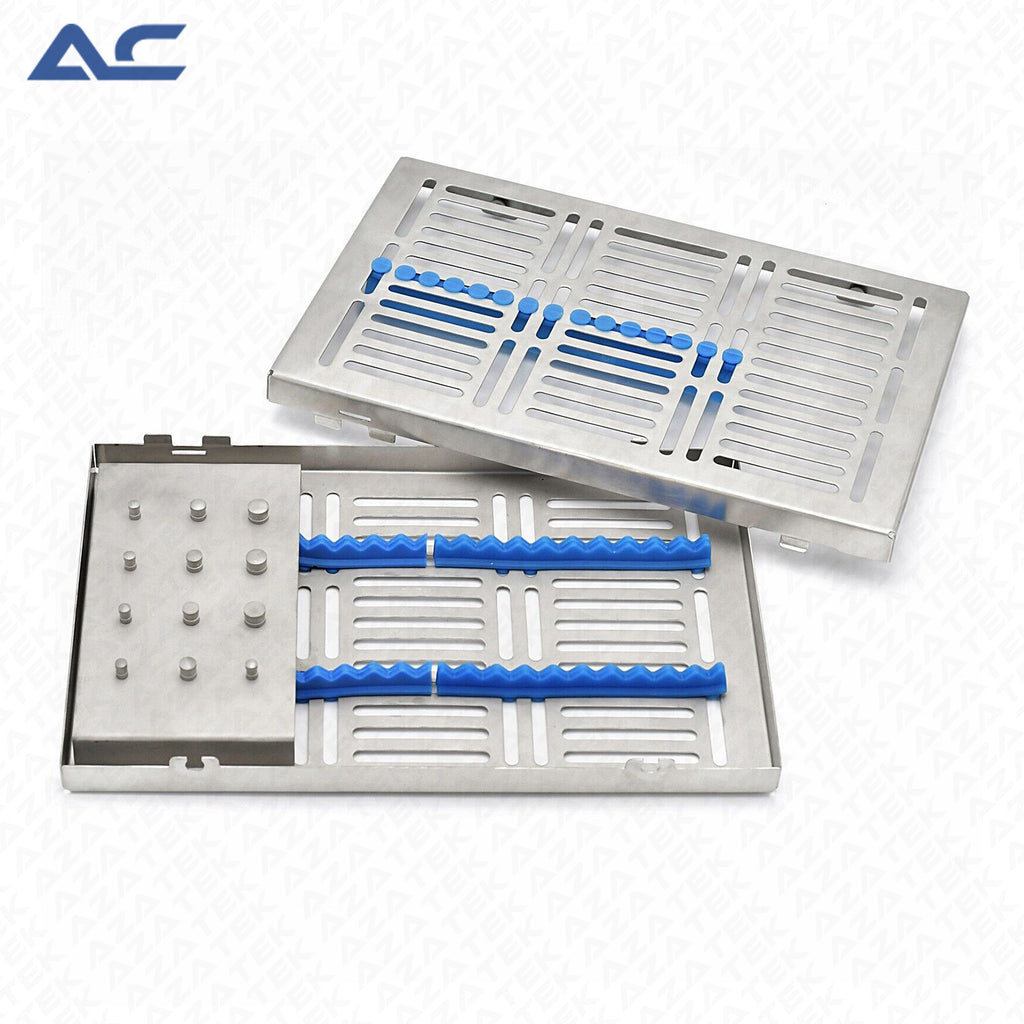 Two stainless steel dental tray organizers with blue plastic inserts, shown on a light gray background with an Azatek logo in the top left corner.