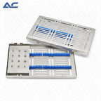 Two stainless steel dental tray organizers with blue plastic inserts, shown on a light gray background with an Azatek logo in the top left corner.