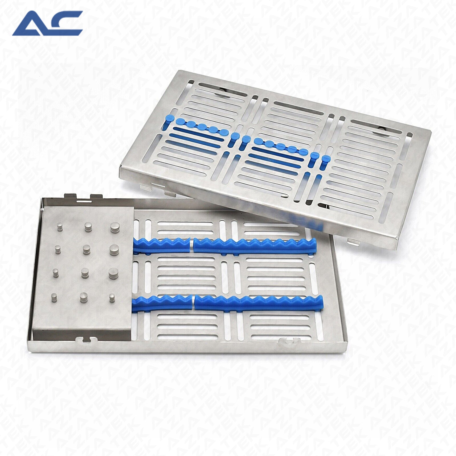 Two stainless steel dental tray organizers with blue plastic inserts, shown on a light gray background with an Azatek logo in the top left corner.
