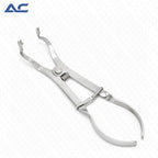 A stainless steel surgical forceps instrument with curved jaws, a spring-loaded pivot, and a textured grip handle, shown on a light gray background with an 'Azatek' logo in the top-left corner.