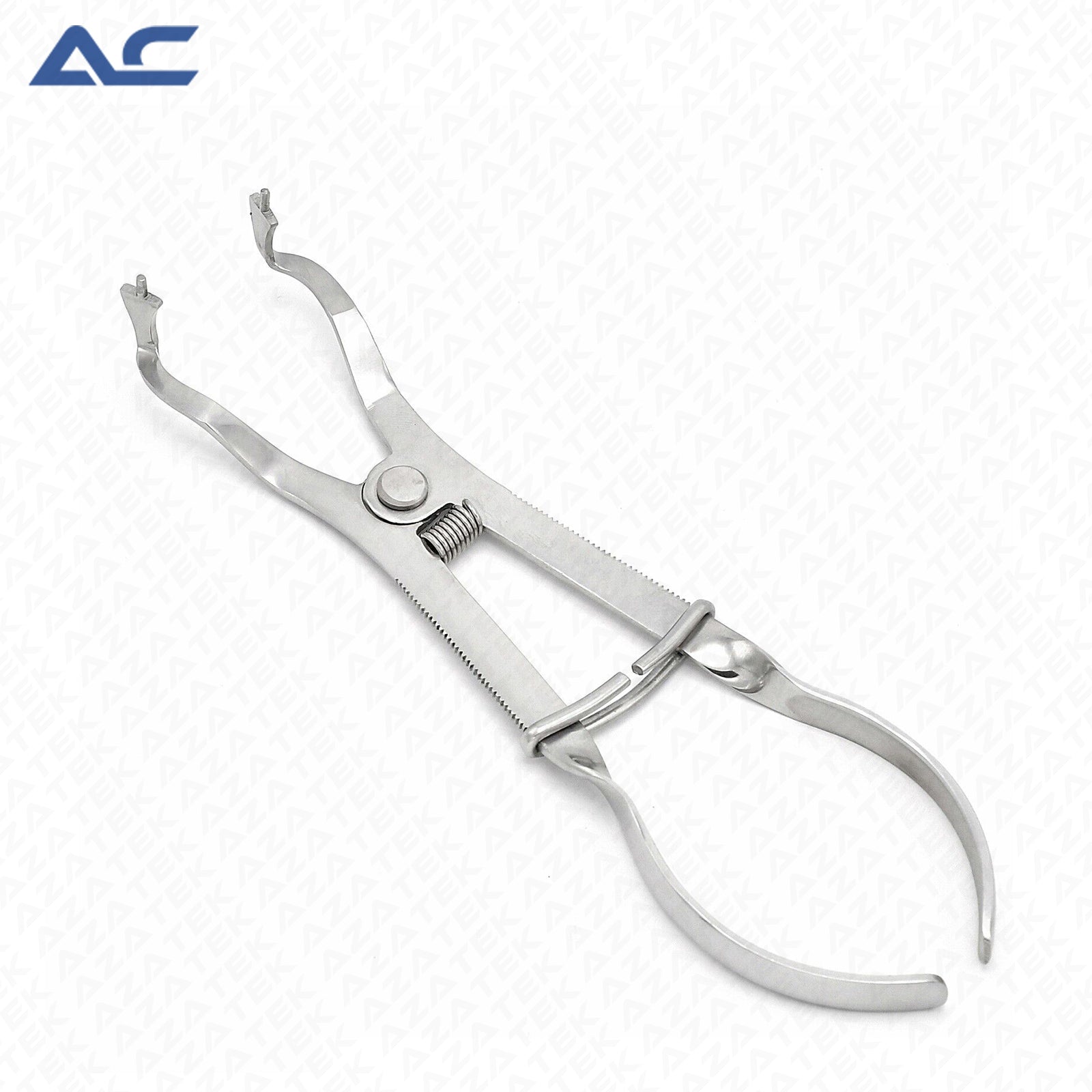 A stainless steel surgical forceps instrument with curved jaws, a spring-loaded pivot, and a textured grip handle, shown on a light gray background with an 'Azatek' logo in the top-left corner.