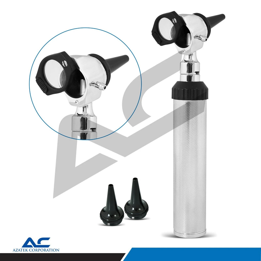 Close-up view of the 3X magnification lens on the Azatek Professional Ear Otoscope.