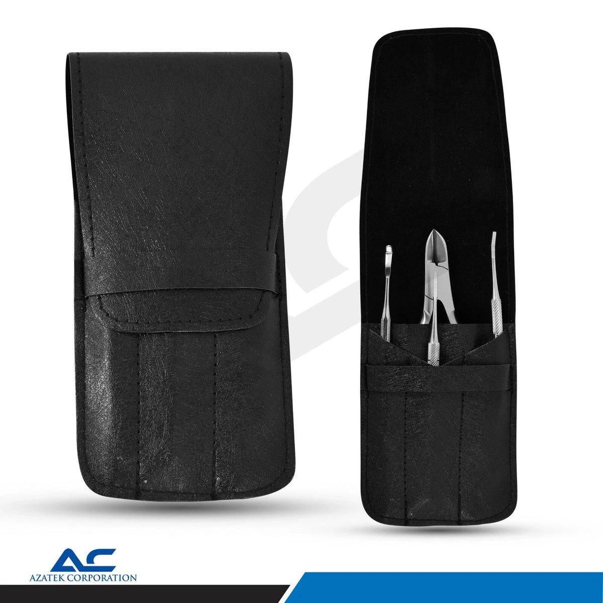 Complete four-piece Azatek toenail care kit arranged beside its black instrument storage pouch.