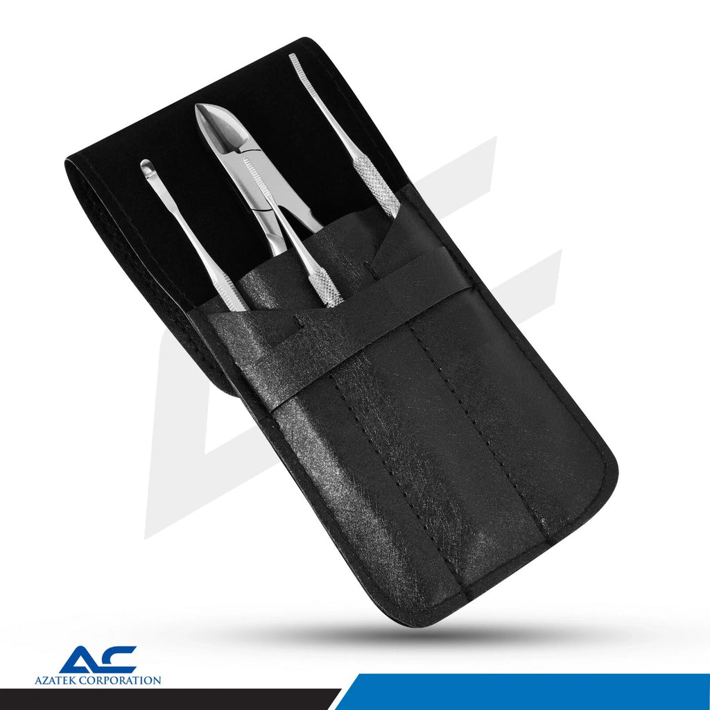 Complete four-piece Azatek toenail care kit arranged beside its black instrument storage pouch.