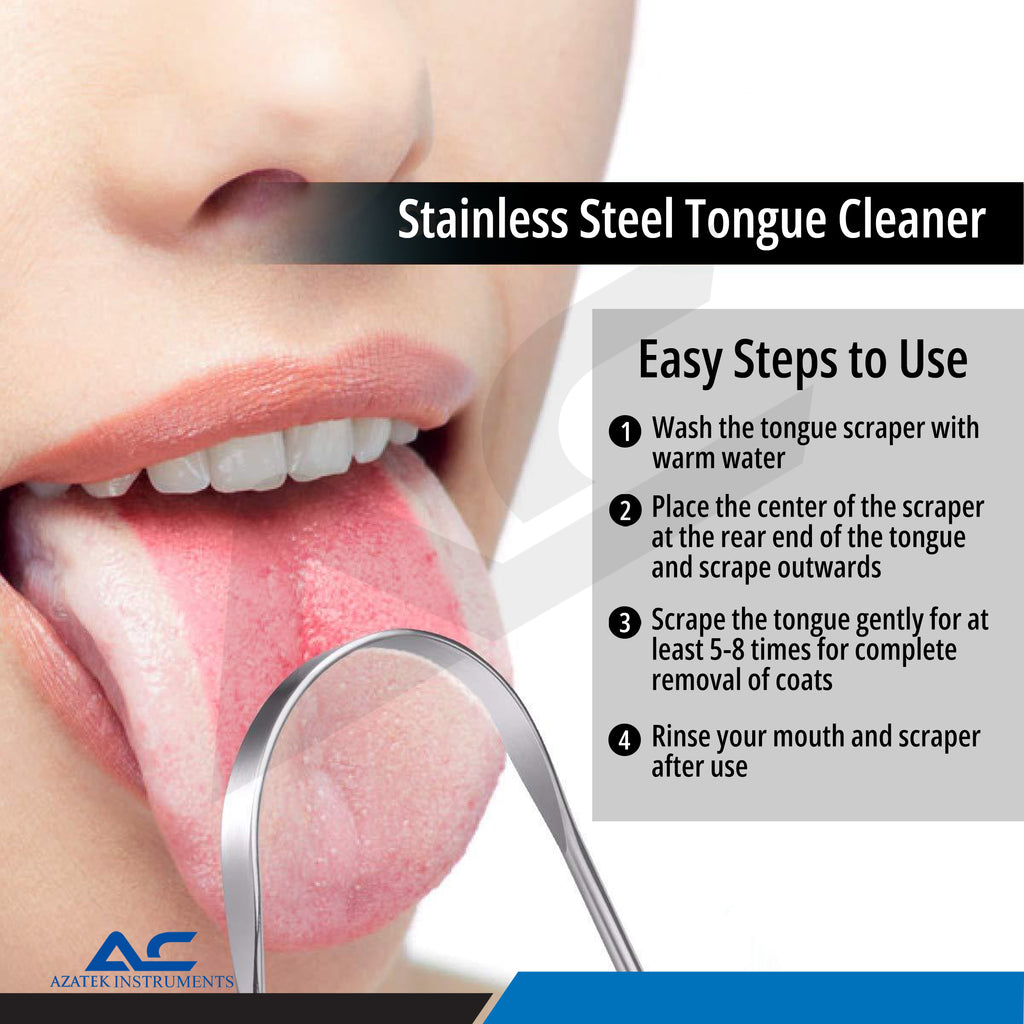 Azatek Advanced Stainless Steel Tongue Scraper Cleaner with ergonomic grip for daily oral hygiene.