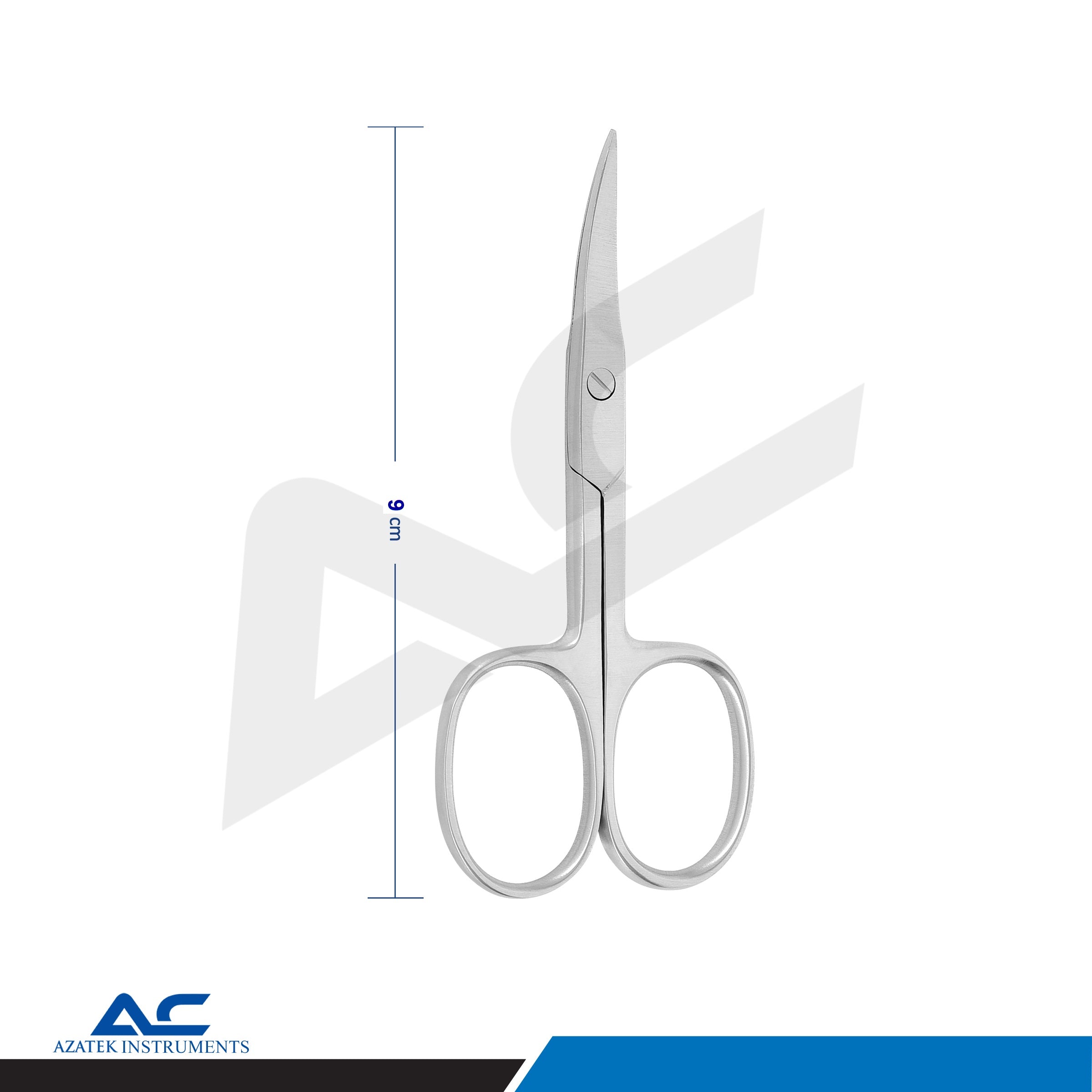 Azatek curved nail scissor displaying the 9cm overall length for precision nail care.