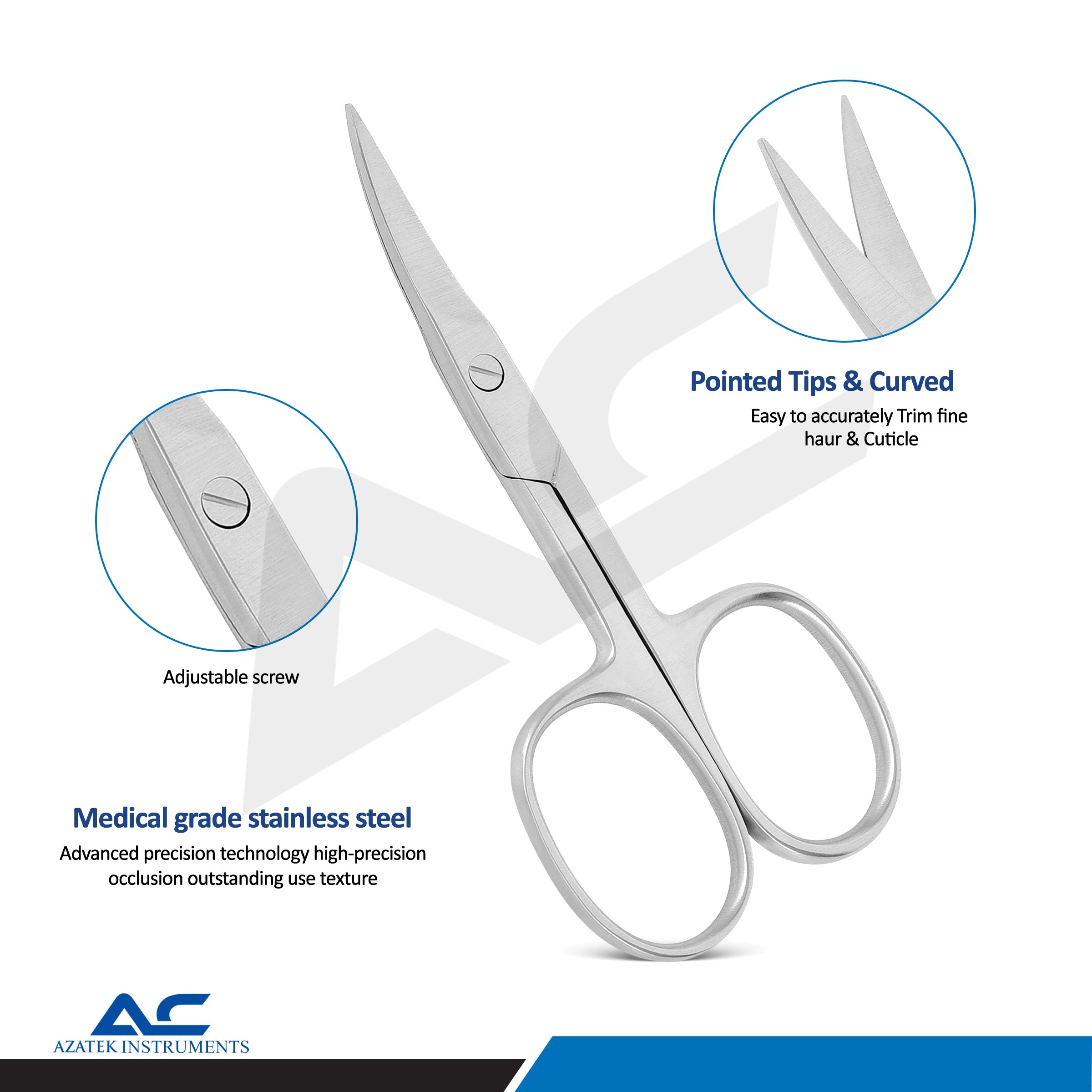 Front view of Azatek curved nail scissor with precision stainless steel blades.