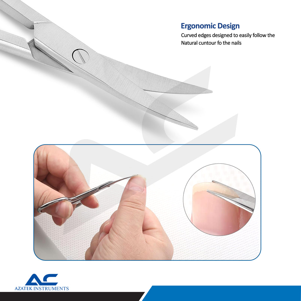 Side profile of Azatek professional curved nail scissor showing curved cutting blades.
