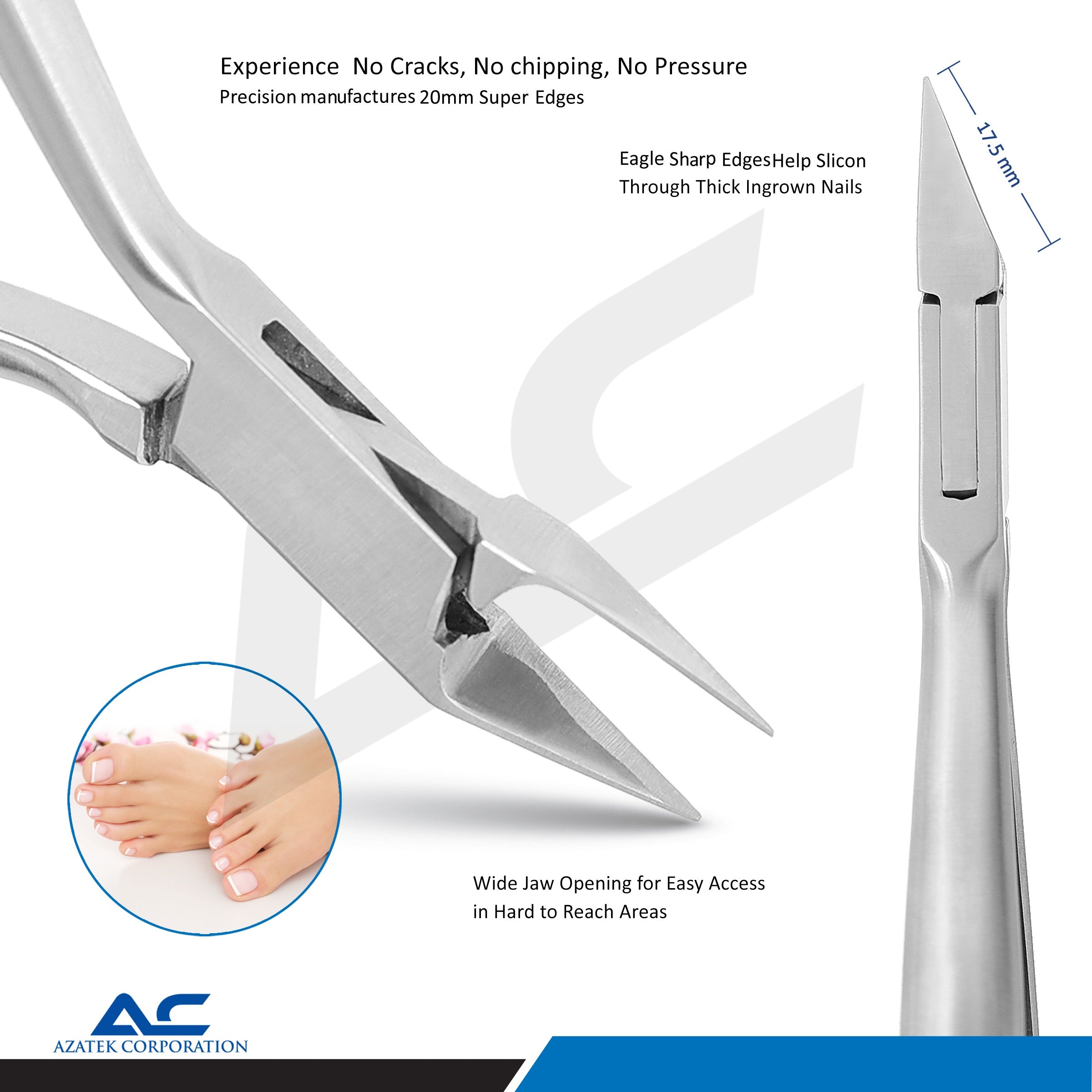 Side view of Azatek Stainless Steel Cuticle Nippers with precision cutting jaws