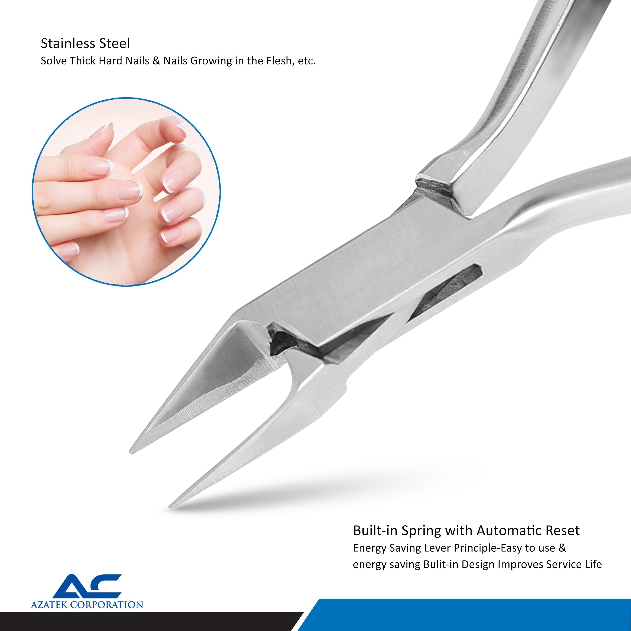 Close-up of precision stainless steel jaws on Azatek Cuticle Nippers