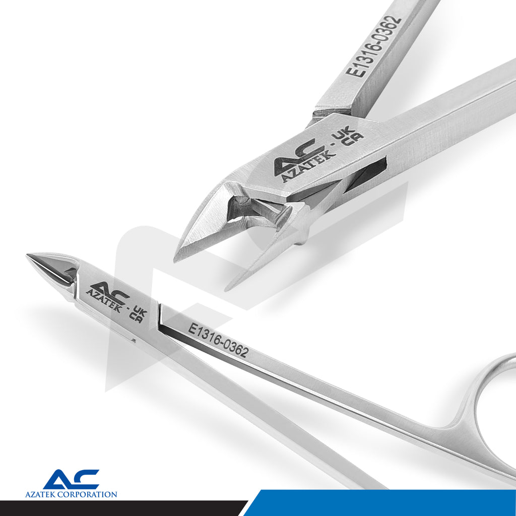 Close-up of sharp precision jaws on Azatek stainless steel nail cuticle nippers for clean cuticle removal