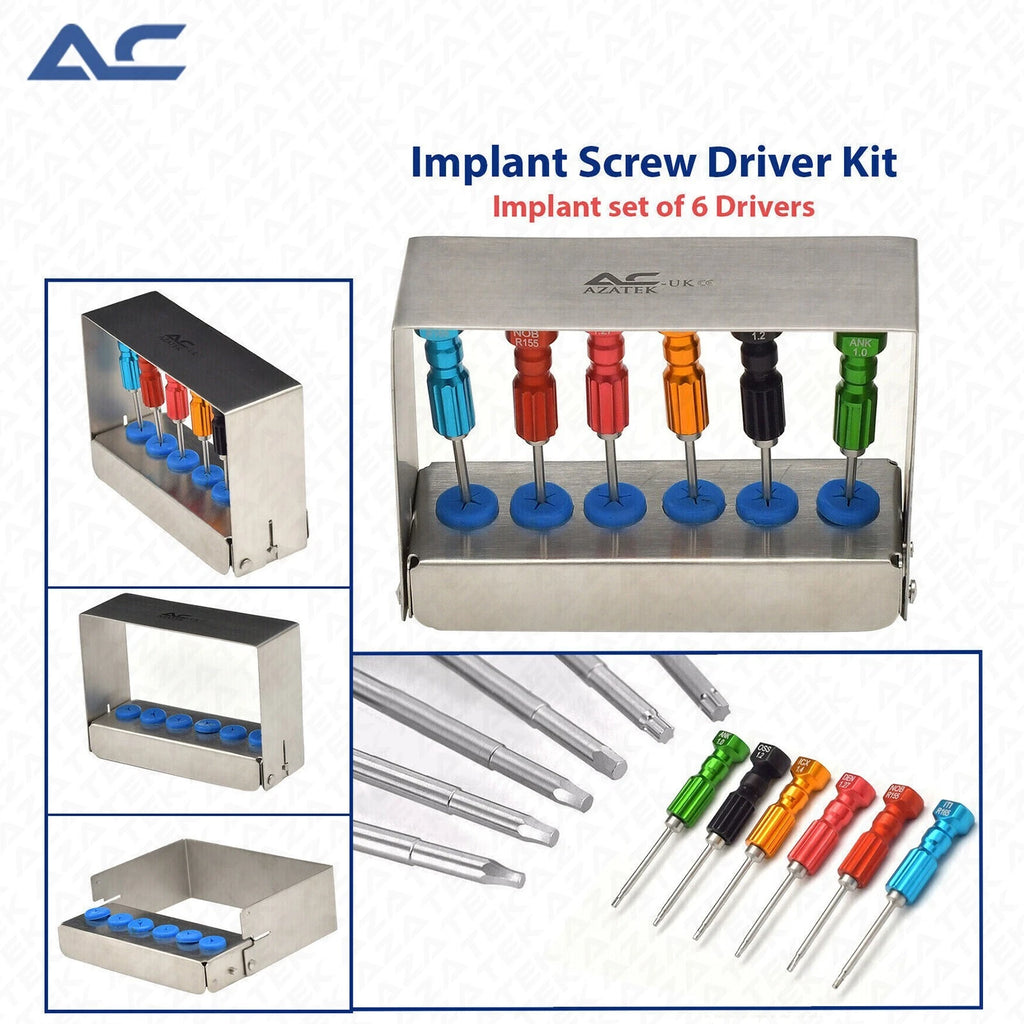 Azatek Dental Abutment Implant Screw Driver Kit 6 Pcs with colour-coded drivers and sterilisation stand