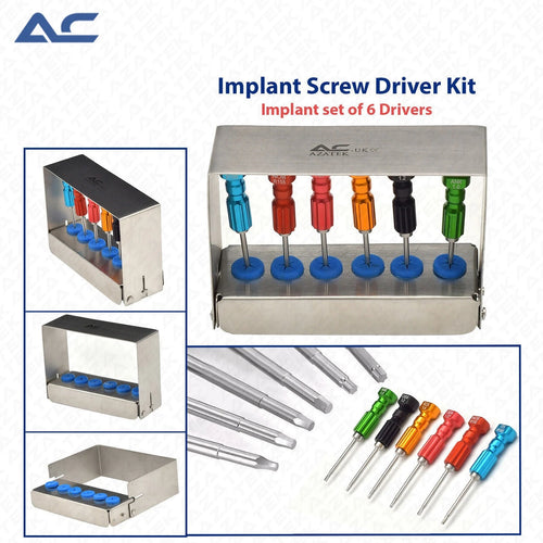 Azatek Dental Abutment Implant Screw Driver Kit 6 Pcs with colour-coded drivers and sterilisation stand