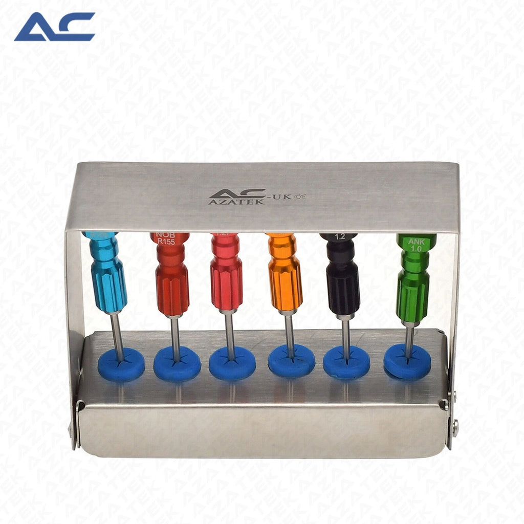 Azatek Dental Abutment Implant Screw Driver Kit 6 Pcs with colour-coded drivers and sterilisation stand