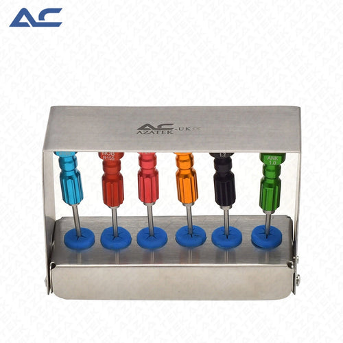 Azatek Dental Abutment Implant Screw Driver Kit 6 Pcs with colour-coded drivers and sterilisation stand