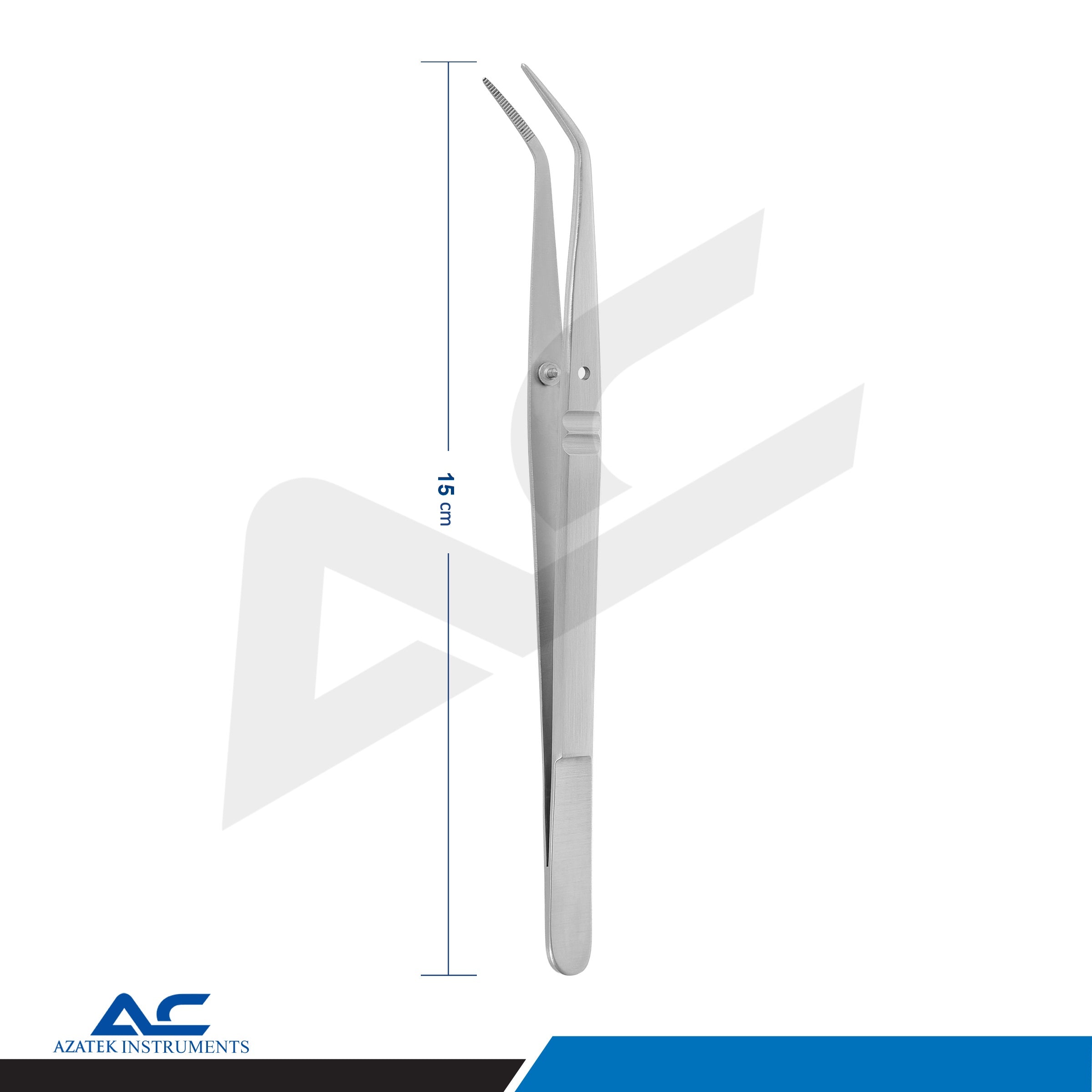 Azatek Professional Dental College Tweezers 15cm showing overall instrument length and angled serrated tips