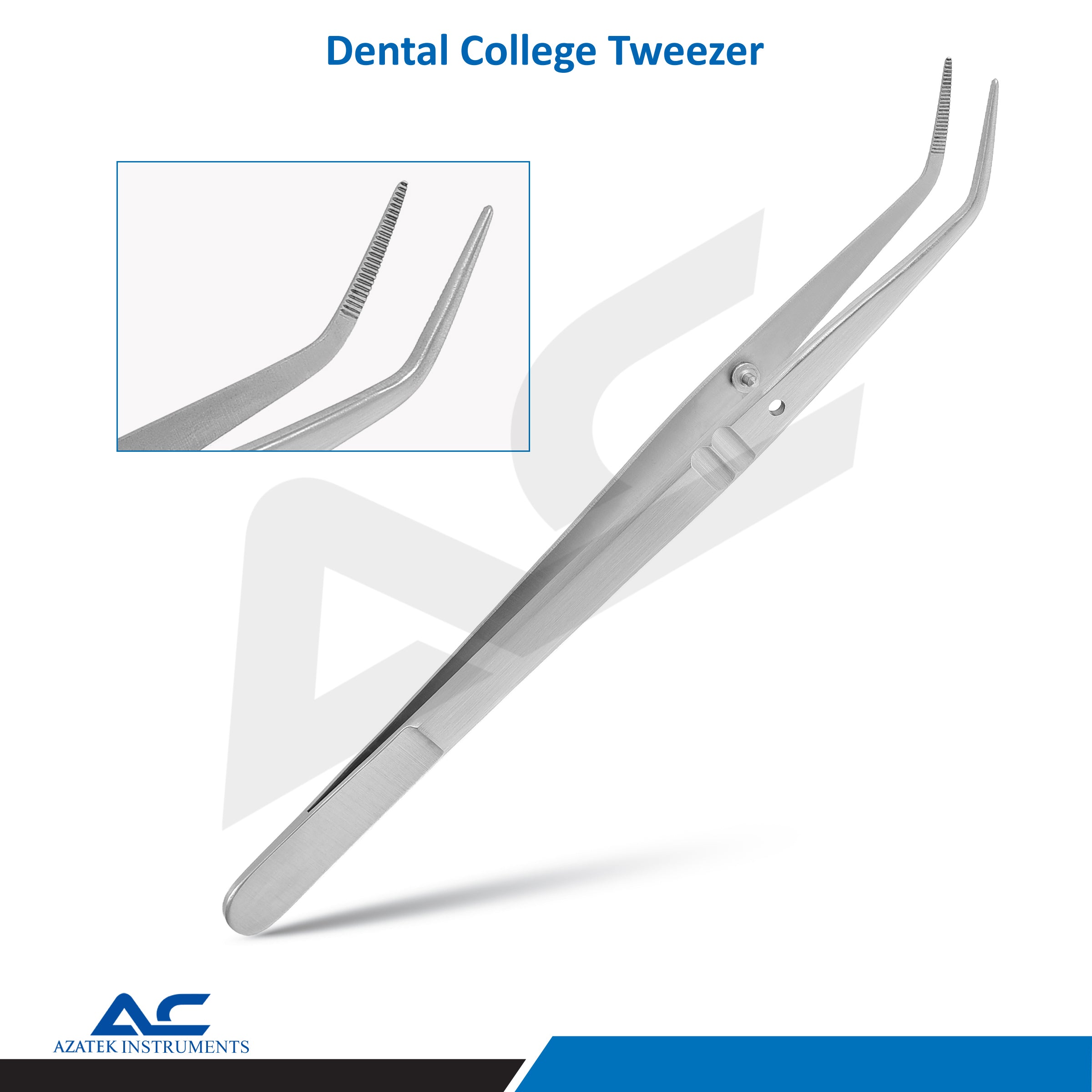 Side view of Azatek 15cm stainless steel Dental College Tweezers showing angled precision tip