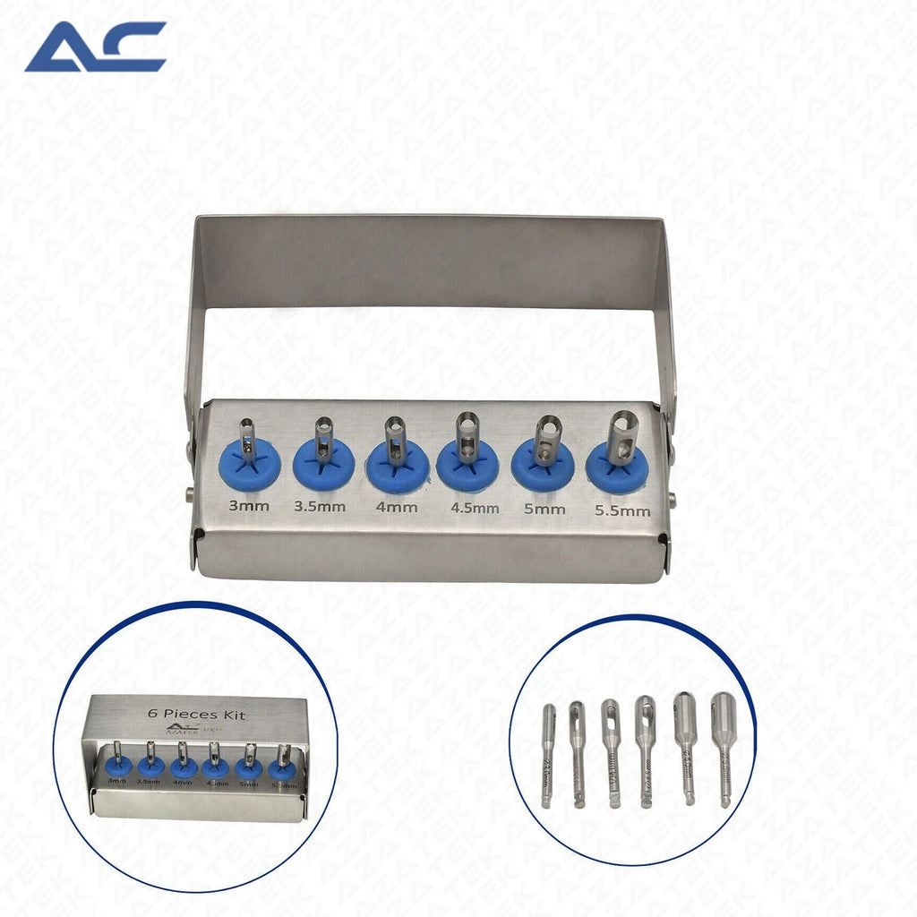 Azatek Dental Implant Tissue Punch Kit 6 pieces in stainless steel storage case