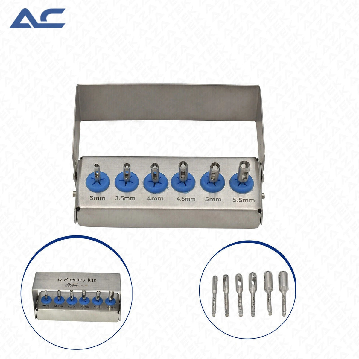 Azatek Dental Implant Tissue Punch Kit 6 pieces in stainless steel storage case