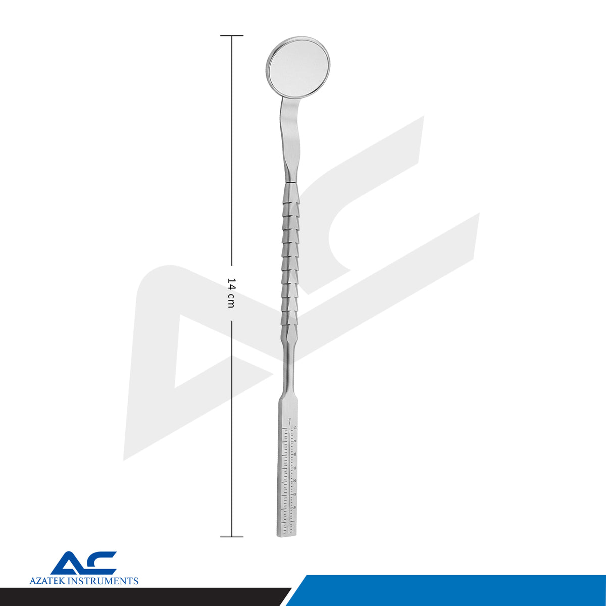 Detailed view of the 14cm handle of the Azatek professional double sided dental mouth mirror