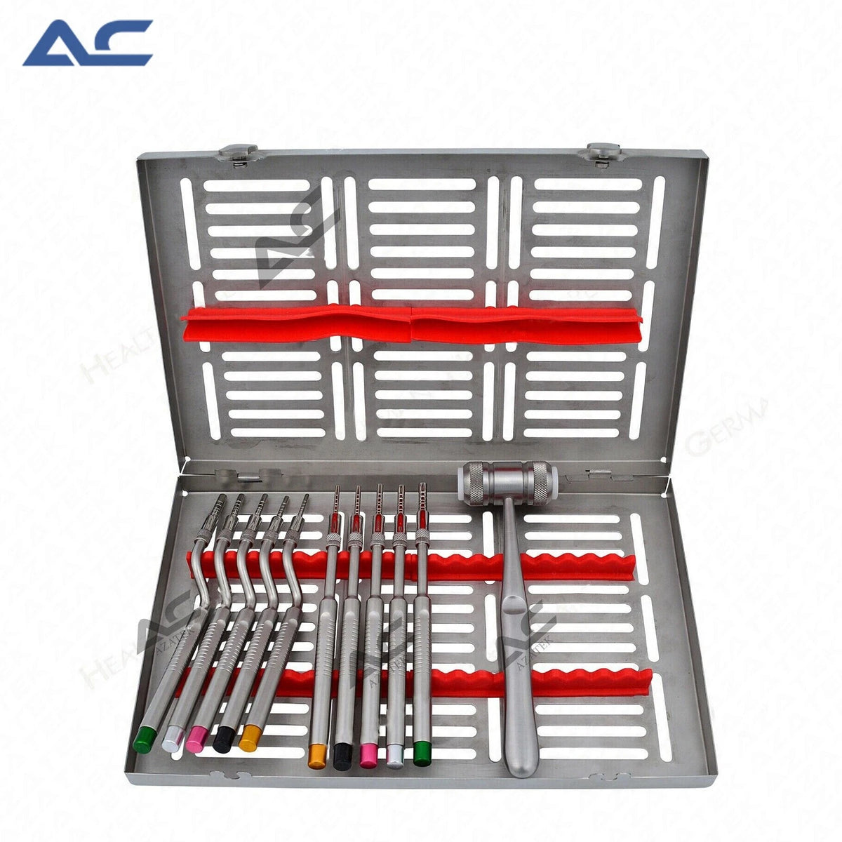 Eleven-piece dental sinus elevation instrument kit with stainless steel sinus lift instruments and cassette