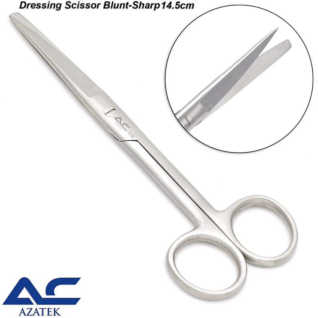 Close-up of the straight blade and blunt-sharp tip configuration on Azatek dressing scissors