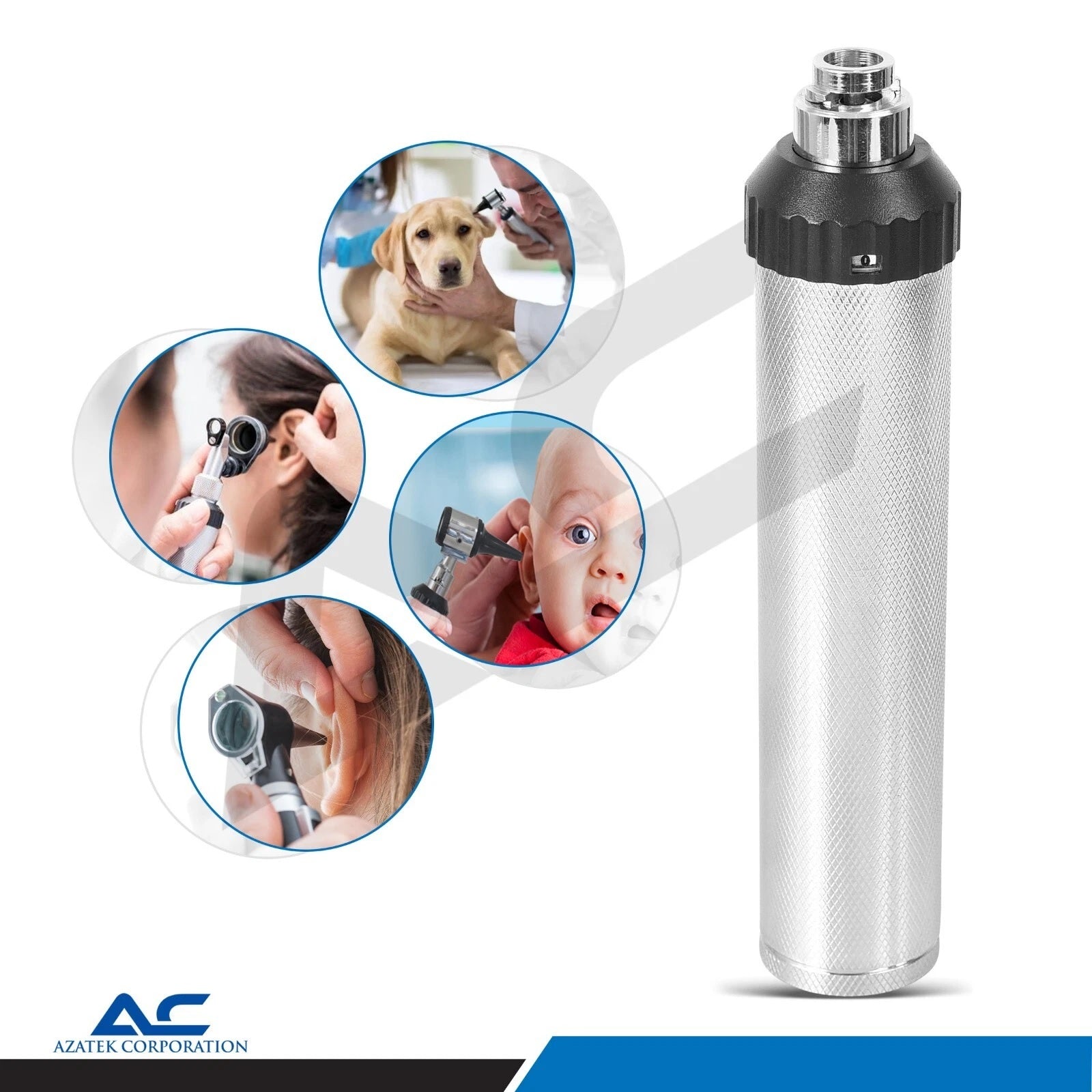 Knurled aluminium handle providing a secure anti-slip grip for comfortable ear examinations.