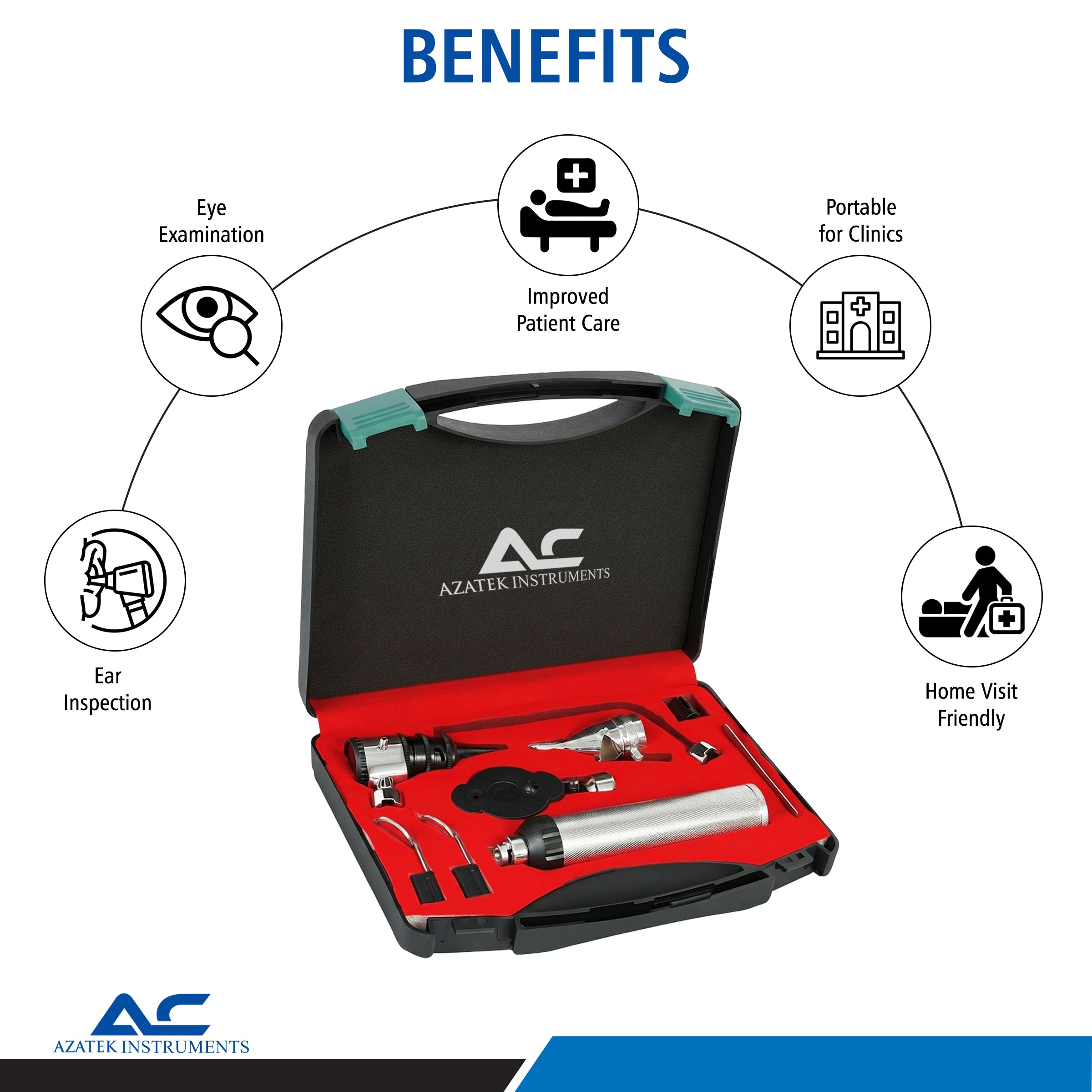 Azatek ENT Diagnostic Otoscope & Ophthalmoscope Instrument Kit showing benefits of the kit