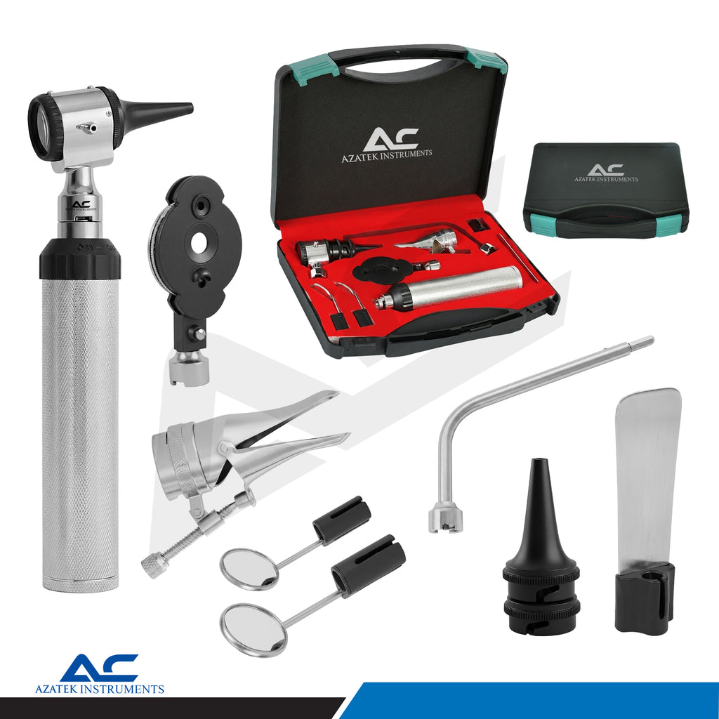 Azatek ENT Diagnostic Instrument Kit showing otoscope, ophthalmoscope, ear speculums, nasal speculum, laryngeal mirrors and hard carry case.