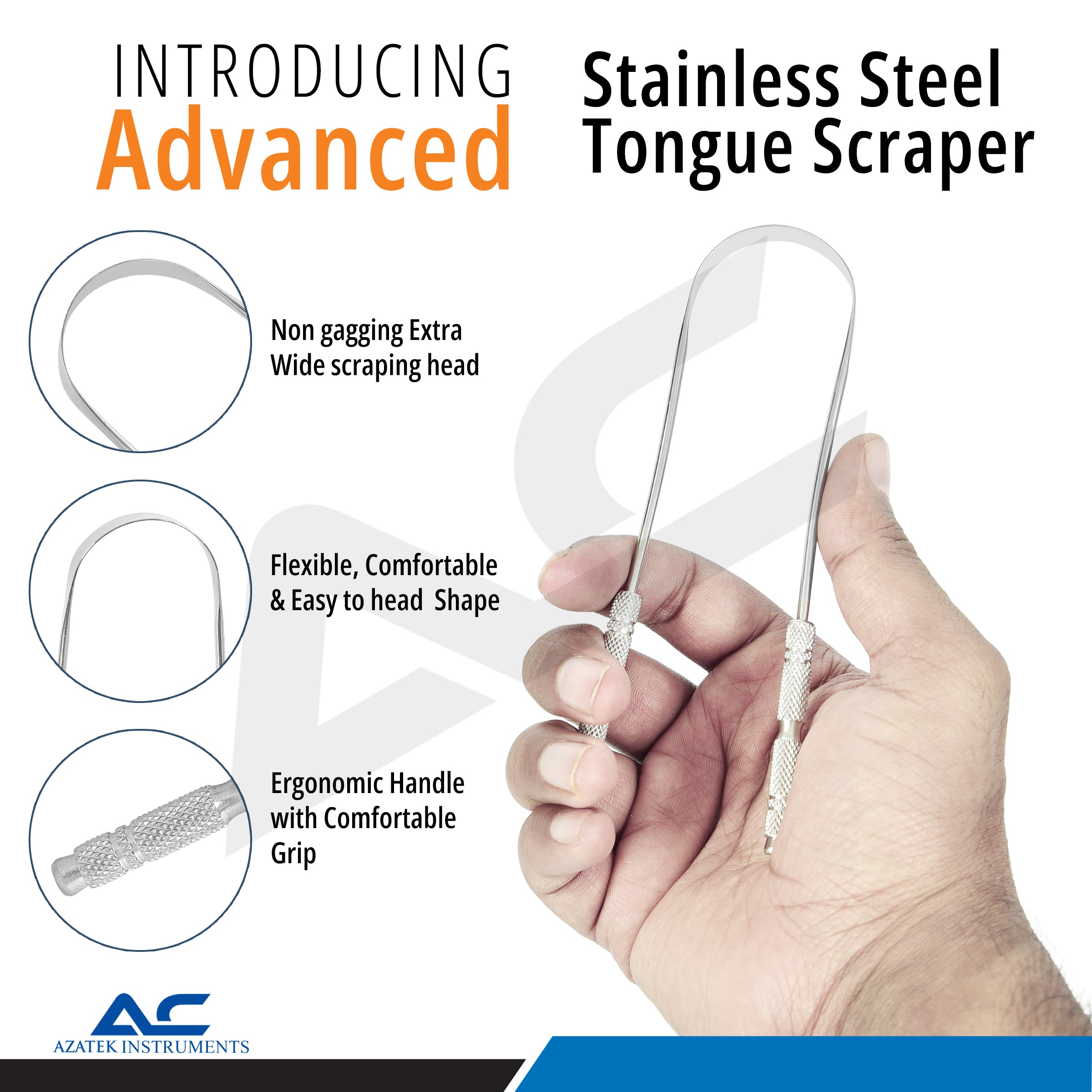 Close-up of the extra-wide non-gagging scraping head on the Azatek stainless steel tongue scraper.