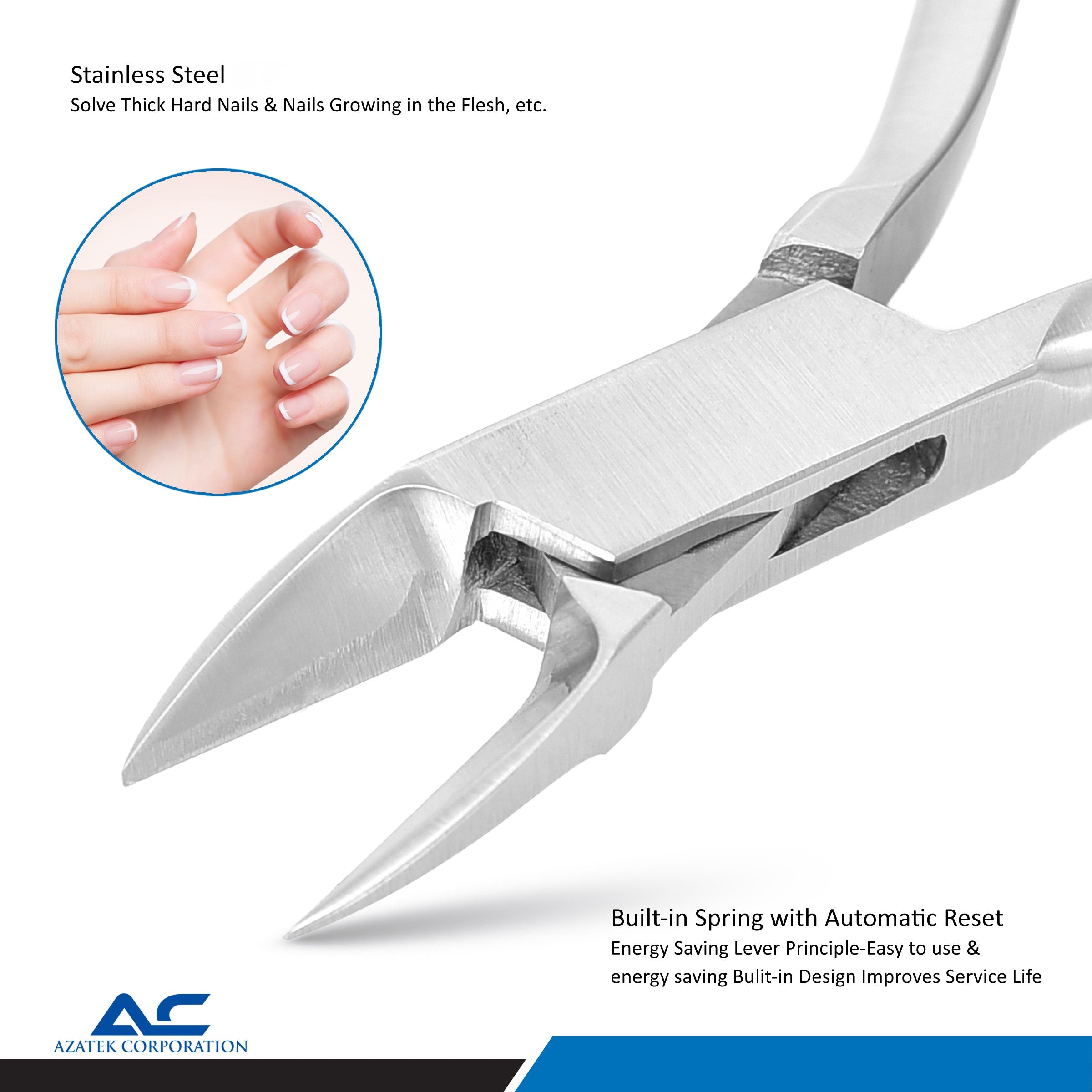 Close-up of precision cutting blades on Azatek ingrown toenail corner cutter
