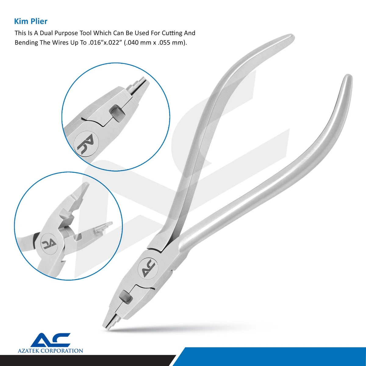 Azatek 13cm Kim plier side view showing orthodontic wire cutter and bending jaws