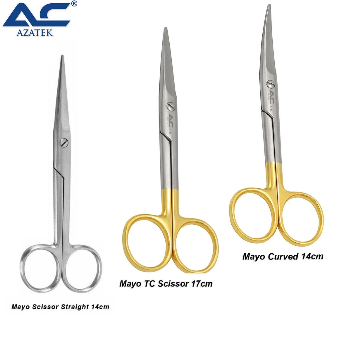 Azatek Mayo Scissor 14cm Straight, 14cm Curved and 17cm TC surgical scissors