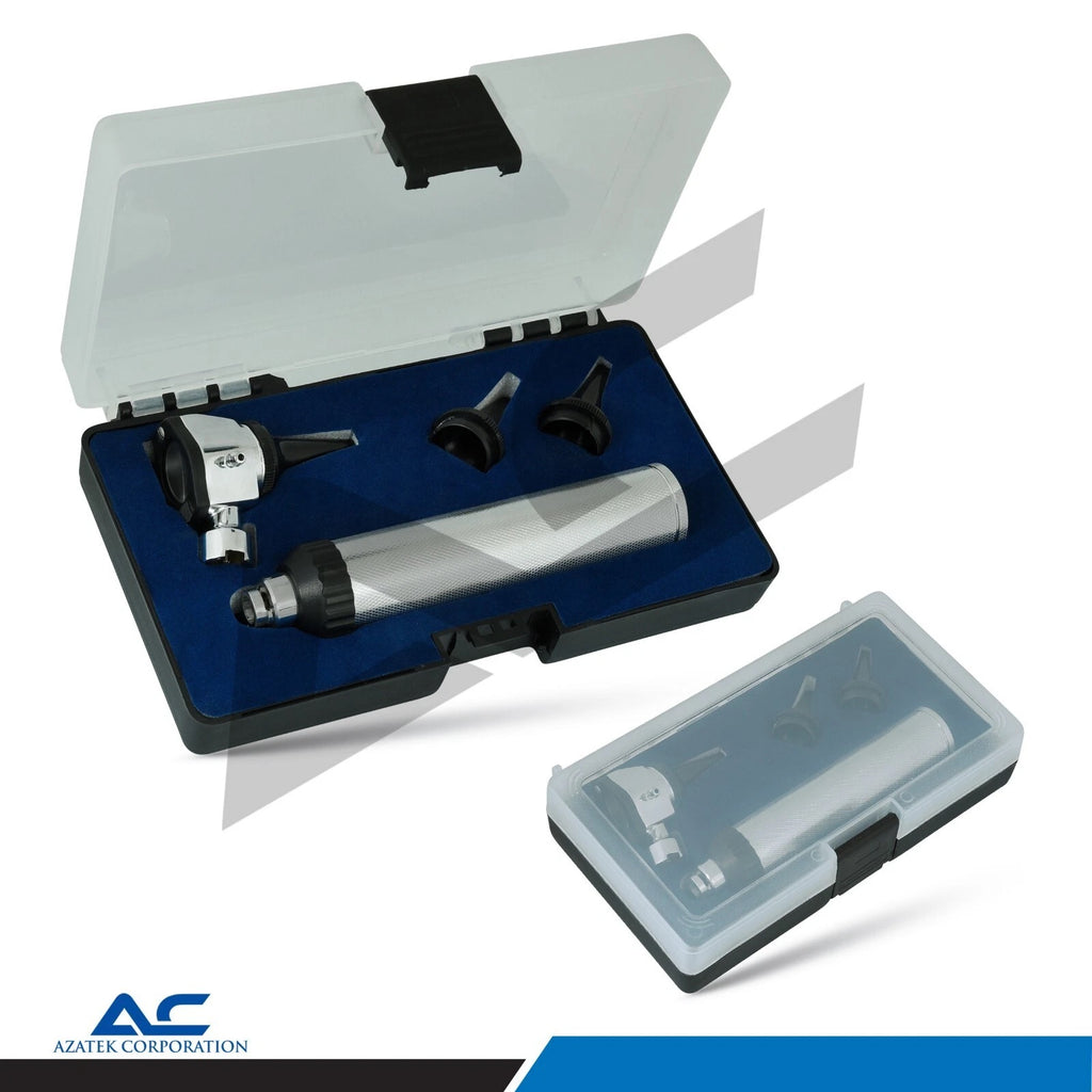 Complete Azatek Medical Ear Otoscope Diagnostic Kit including otoscope, handle, specula, and storage case.