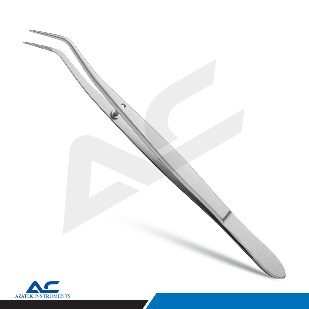 Azatek Meriam Dental Tweezers 16cm stainless steel instrument with angled tips and serrated gripping surface