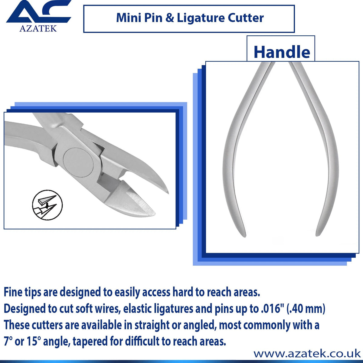 Azatek Mini Pin and Ligature Cutter with straight cutting tips for professional dental and orthodontic use